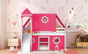 English Elm Full Size Kids Castle Loft Bed with Slide Tent Tower Pinewood Play Zone LT000772AAH-2