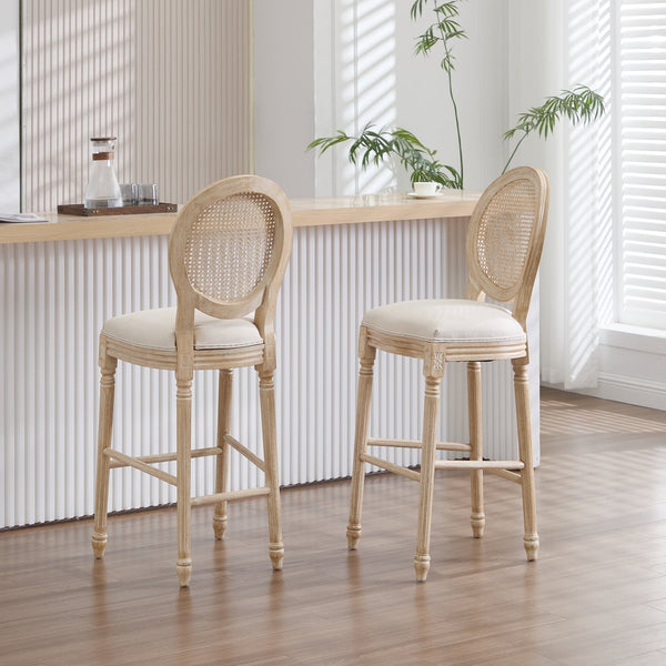 English Elm French Country Bar Chairs Set Of 2 - Upholstered Rattan Back, Vintage Elegance For Dining & Living Spaces W3426P324575