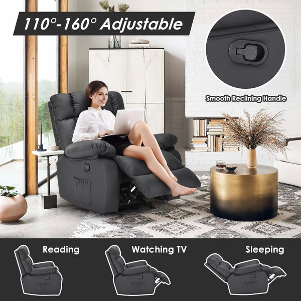 English Elm Recliner Rocker Chair Upholstered with Side Pocket and Footrest for Living Room T3623P438644