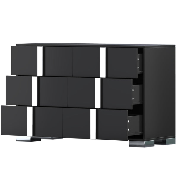 English Elm 3-Pieces Mirrored 6-Drawer Dresser and Two Nightstands with Sleek Metal Legs for Modern Living Black 54.25 L x 20.75 W x 8.5 H N733S307938B