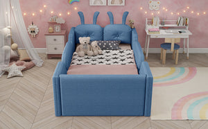 English Elm Twin Kids Platform Bed Teddy Fabric Upholstered with Bunny Cushions and Safety Rails Blue W2593P395808