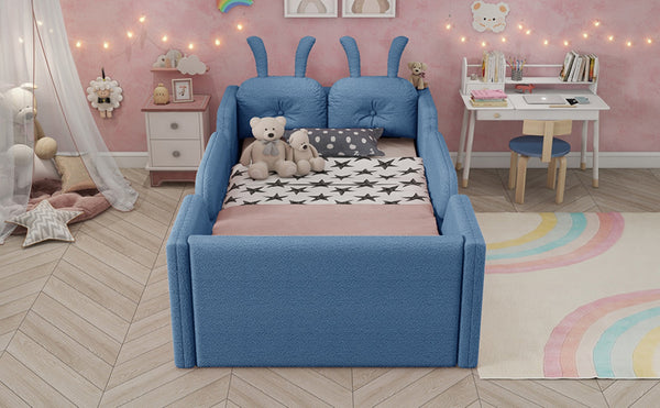 English Elm Twin Kids Platform Bed Teddy Fabric Upholstered with Bunny Cushions and Safety Rails Blue W2593P395808
