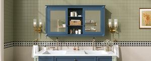 English Elm 55 Inch Wall Mount Medicine Cabinet Dual Mirrored Doors Soft Close Bathroom Vanity Storage Blue N710P401342C