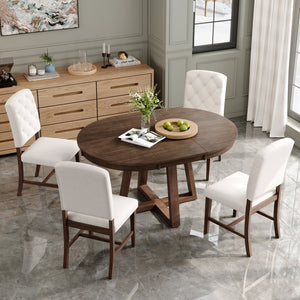English Elm Trexm Retro 5 Piece Extendable Round Dining Set with Button Tufted Upholstered Chairs Walnut ST000094AAD-2026