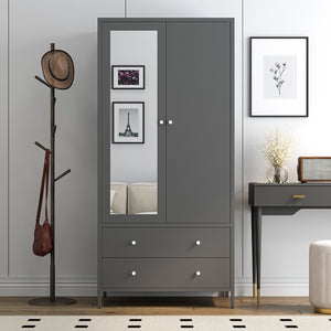 English Elm Metal Armoire Retro Steel Wardrobe with Mirror Door, 2 Drawers, Hanging Rod & Magnetic Closure, Dark Gray W2378P176281