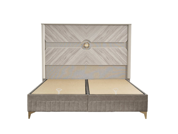 English Elm Eternity Queen Size Bed With Gold Accents, Eucalyptus Veneer, Hydraulic Lift Storage & Elegance B009S01868