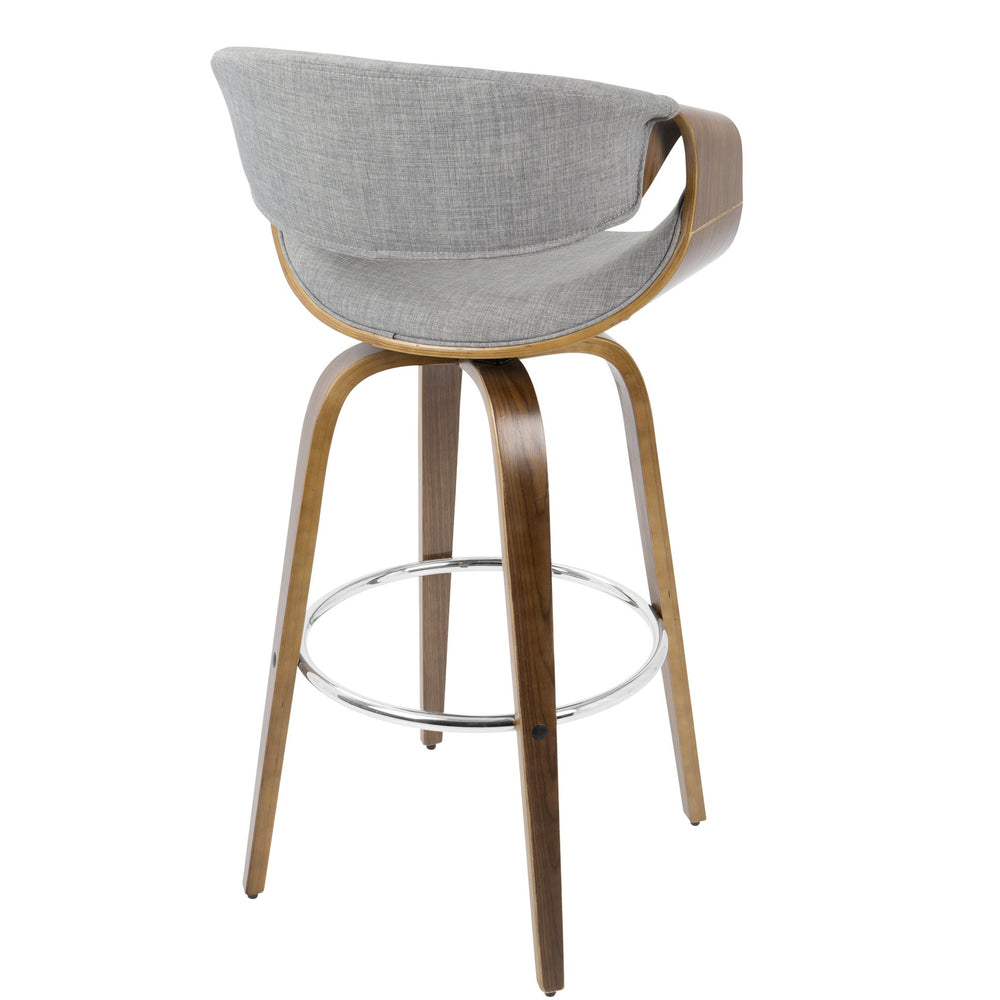 English Elm Curvini Mid-Century 30" Fixed Height Barstool Set of 2 – Walnut Frame, Grey Fabric, 360° Swivel Charm B202S00521