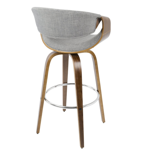 English Elm Curvini Mid-Century 30" Fixed Height Barstool Set of 2 – Walnut Frame, Grey Fabric, 360° Swivel Charm B202S00521