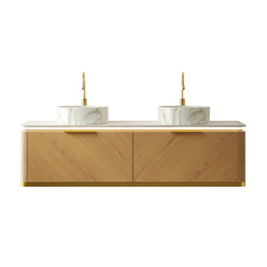 English Elm Dipa 60" Floating Bathroom Vanity Set With Dual Ceramic Sinks, Led Lights & Corolla Oak Finish W2615S00489