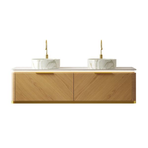 English Elm Dipa 60" Floating Bathroom Vanity Set With Dual Ceramic Sinks, Led Lights & Corolla Oak Finish W2615S00489