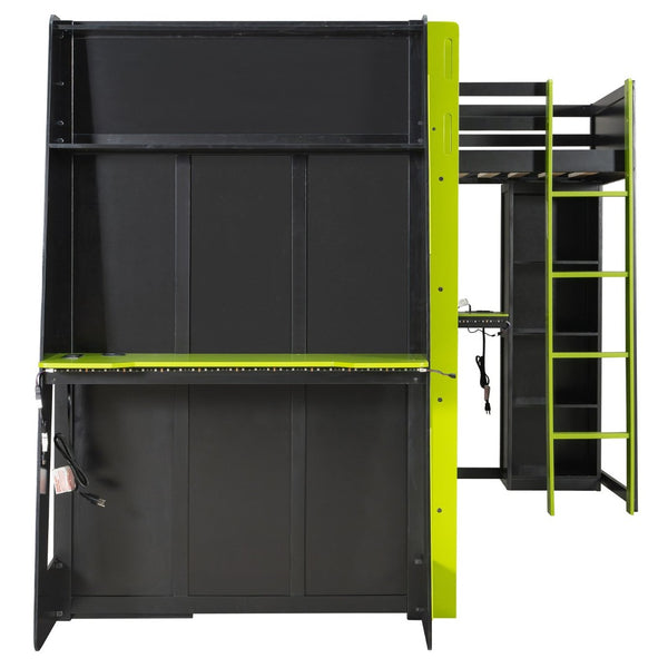 English Elm L-shaped Gaming Loft Bunk Bed Twin Wood Frame Rgb Lighting Usb Ports Storage Shelves Green LT000295AAG