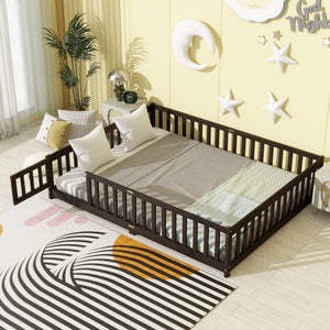English Elm Queen Rubber Wood Floor Bed with Full Perimeter Safety Fence and Hinged Access Door Espresso W504P429342