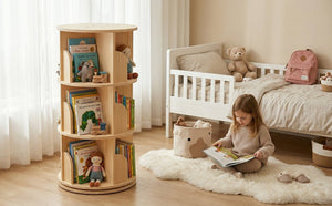 English Elm 3 Tier Spinning Round Bookcase Natural Wood Floor Shelf for Bedroom or Study W2989P460321