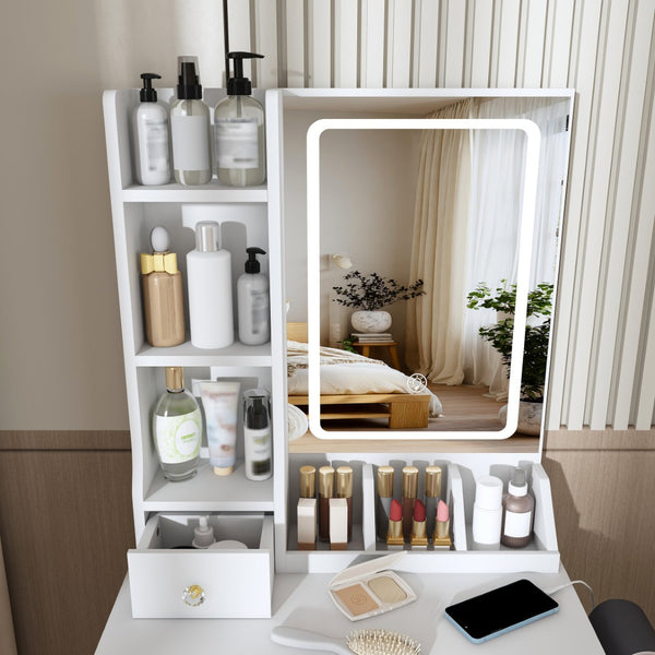 English Elm Modern Vanity Desk with Led Mirror 3 Drawers Built-in Outlet and Matching Chair White W509P465832