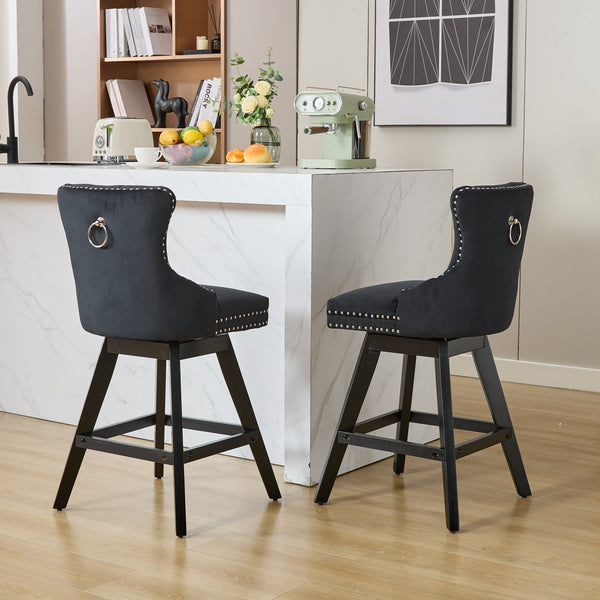 English Elm Swivel Velvet Barstool with Tufted Back, 360° Swivel, Plush Foam & Steel Spring Seat, Sturdy Wood Frame (Set of 2) Black W1143P241332