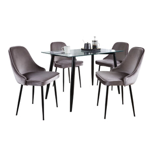 English Elm Clara-Marcel 5-Piece Contemporary Dining Set – Black Metal Table, Clear Tempered Glass Top & Silver Velvet Chairs B202S01480