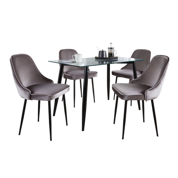 English Elm Clara-Marcel 5-Piece Contemporary Dining Set – Black Metal Table, Clear Tempered Glass Top & Silver Velvet Chairs B202S01480