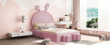 English Elm Full Size Upholstered Rabbit-Shape Bed With 2 Storage Stools, Velvet Platform Bed With Cartoon Ears Shaped Headboard, Pink