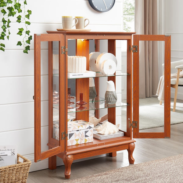 English Elm 2 Doors Curio Cabinet with Mirrored Back, Tempered Glass, Adjustable Shelves, Lighted Display, Dark Oak Finish (98) W2275P300143