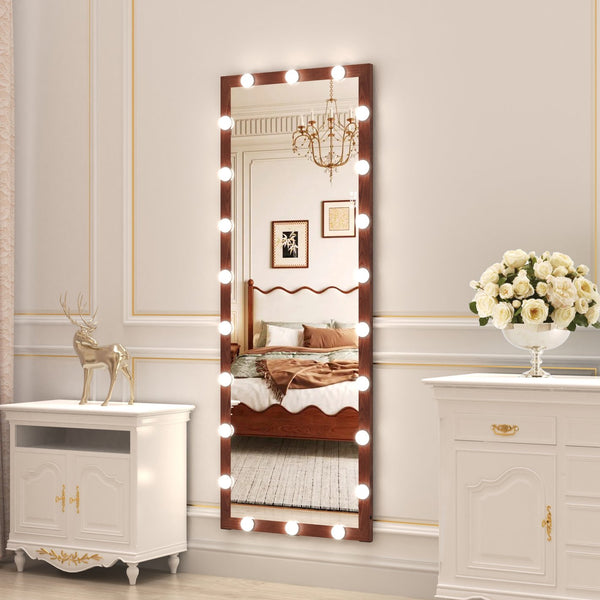 English Elm Hollywood Full Length LED Mirror with 22 Bulbs, 3 Color & Brightness Modes, Walnut Frame, Touch Control W708P297645