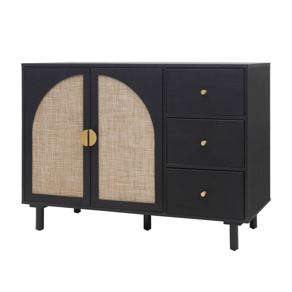 English Elm 2 Door 3 Drawer Cabinet with Engineered Rattan Finish, Pine Feet, Metal Semi-Circle Handles, Durable Black W688134396