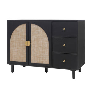 English Elm 2 Door 3 Drawer Cabinet with Engineered Rattan Finish, Pine Feet, Metal Semi-Circle Handles, Durable Black W688134396