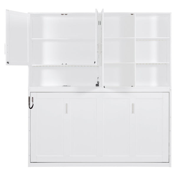 English Elm Twin Murphy Bed with Cabinet Shelves Built in Lighting Usb Ports Space Saving Wall Unit White LP000389AAK-1
