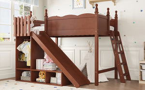 English Elm Twin Loft Bed Solid Pine Frame with Wardrobe Shelving Detachable Slide Kids Room Antique Natural W5305S00020