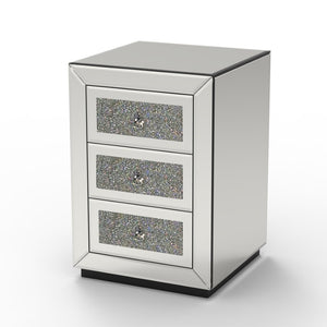 English Elm 3-drawer Mirrored Nightstand with Glitter Glam Silver Finish for Bedroom or Entryway W3935P462091