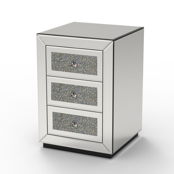 English Elm 3-drawer Mirrored Nightstand with Glitter Glam Silver Finish for Bedroom or Entryway W3935P462091