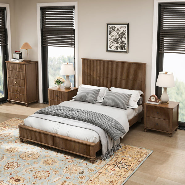 English Elm 4-piece Queen Bedroom Set Walnut Fluted Wood Frame Dresser and Nightstands Included W1716S00026