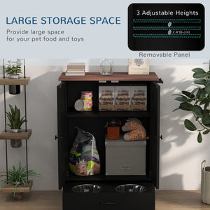English Elm PawHut Elevated Dog Feeding Station with Hidden Bowls, Storage Cabinet, Adjustable Heights & Hooks Black W2225P200365