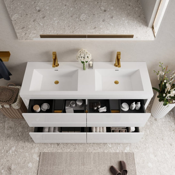 English Elm 60" Floating Bathroom Vanity Stone Resin Double Sink Soft Close Cabinet Spa Modern W1573P211197