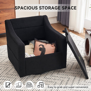 English Elm 011-Teddy Plush Swivel Accent Chair with High Back, Rivet Trim, 360° Rotation, Storage & Pockets Black W527P190836