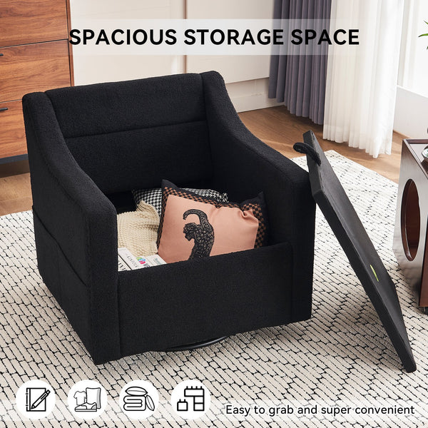 English Elm 011-Teddy Plush Swivel Accent Chair with High Back, Rivet Trim, 360° Rotation, Storage & Pockets Black W527P190836