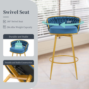 English Elm Christopher Knight Home® - Swivel Counter Height Bar Stools Set of 2 with 180° Turn, Hand-Woven Back, Gold Frame, Velvet Comfort Blue N762P216979C