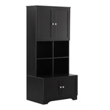 English Elm Tall and Wide Bathroom Floor Storage Cabinet, Bathroom Storage Unit, Freestanding Cabinet With 4 Doors, Adjustable Shelves, Open Multi-Layer Shelves, Black