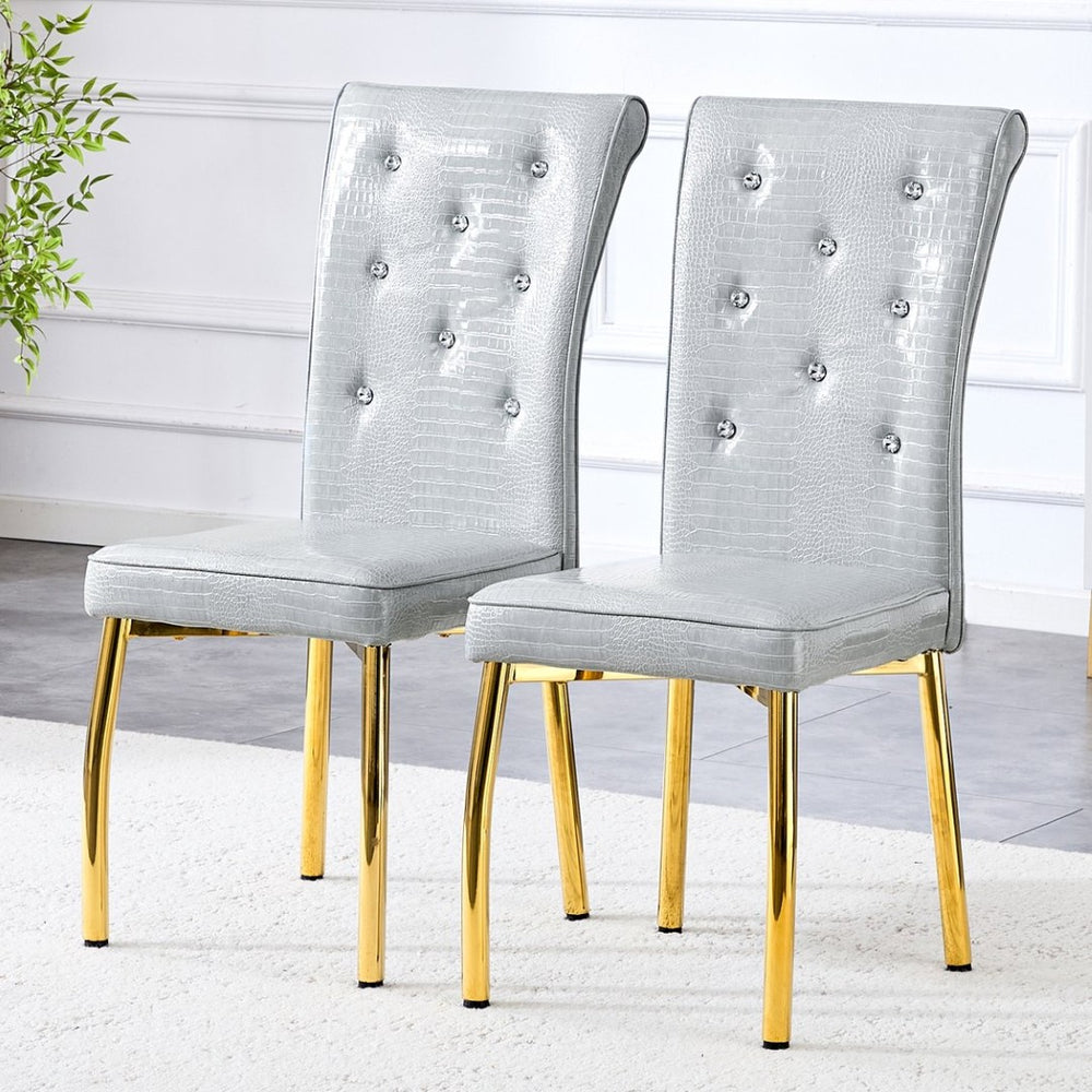 English Elm A Set of 2 Crystal Button Faux Leather Dining Chairs with Embossed Croc Texture Gold,Gray W3226P340256