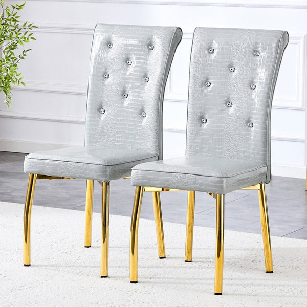 English Elm A Set of 2 Crystal Button Faux Leather Dining Chairs with Embossed Croc Texture Gold,Gray W3226P340256