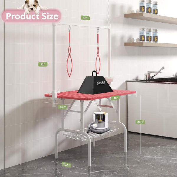 English Elm 36''large Folding Dog Grooming Table with Arm Noose Mesh Tray for Home Pet Care W3587P358715