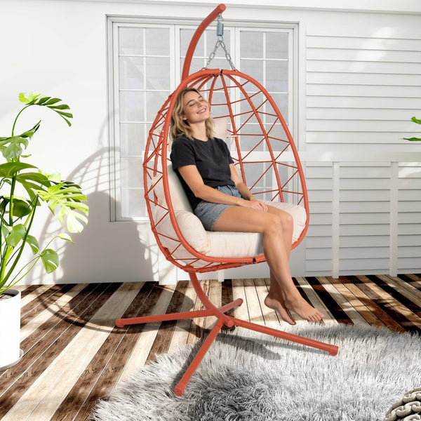 English Elm Hanging Egg Chair Pe Wicker Swing with Stand Washable Cushion Patio Bedroom T5880P497581