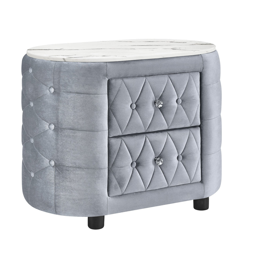 English Elm 1pc Tufted Gray Nightstand with Faux Marble Top, Crystal-Style Hardware, Two Drawers, Glam Chic B2741P318960