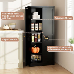 English Elm 61" Matte Black Steel Freestanding Pantry Cabinet with 4 Adjustable Shelves Modern Farmhouse T2398P465983