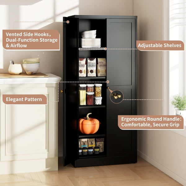English Elm 61" Matte Black Steel Freestanding Pantry Cabinet with 4 Adjustable Shelves Modern Farmhouse T2398P465983