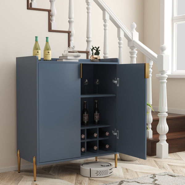 English Elm 2 Door Wine Bar Cabinet with 12-Bottle Rack, Soft-Close Hinges, Adjustable Shelf & Elevated Metal Legs Blue W2899P372476