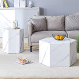 English Elm Modern Minimalist Style Hexagonal White Marble Patterned Mdf Coffee Table Set (Two-Piece Set) .Complex Texture Patterns, Style and Texture Coffee Table To Redefine Your Interior Decoration.