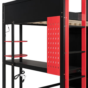 English Elm Full Size Gaming Loft Bed with Rgb Lighting Integrated Desk and Open Wardrobe N820S00073J