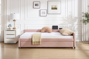 English Elm Upholstered Velvet Daybed with Pull Out Trundle Diamond Tufted Guest Bedroom Sofa Pink W1361S00066