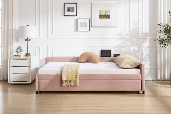 English Elm Upholstered Velvet Daybed with Pull Out Trundle Diamond Tufted Guest Bedroom Sofa Pink W1361S00066
