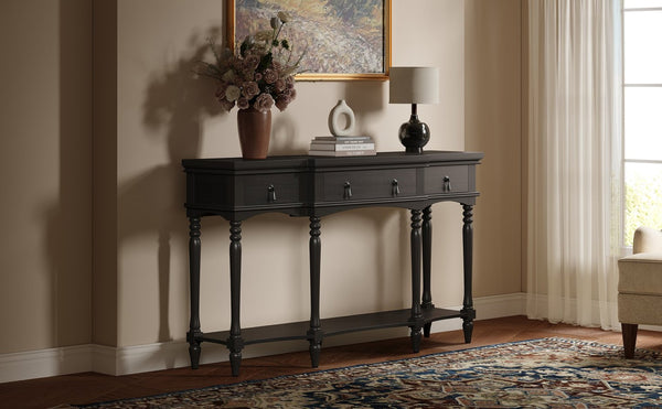 English Elm [video] Solid Pine Console Table Ornate Carved Legs Copper Hardware Soft-close Drawers Black N759P433566B